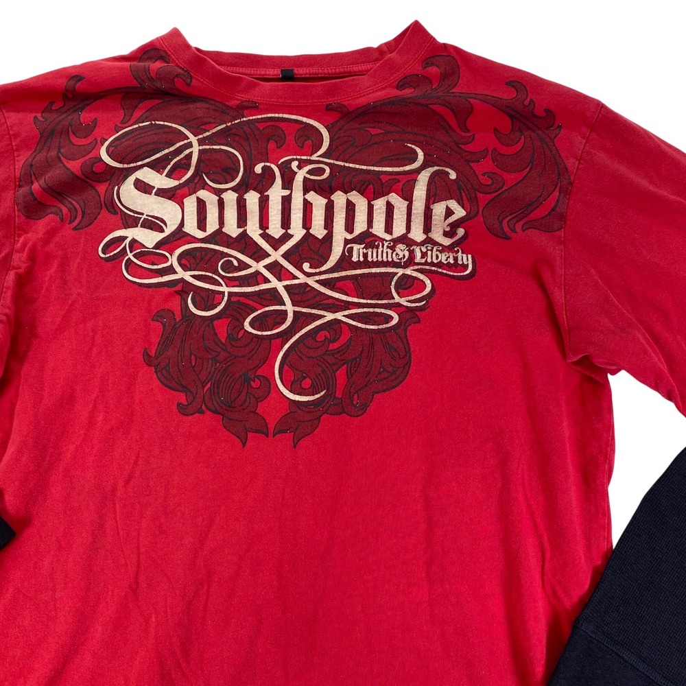 Southpole Layered Long Sleeve Shirt Mens XXL Red Black Gothic Graphic Y2K Tee